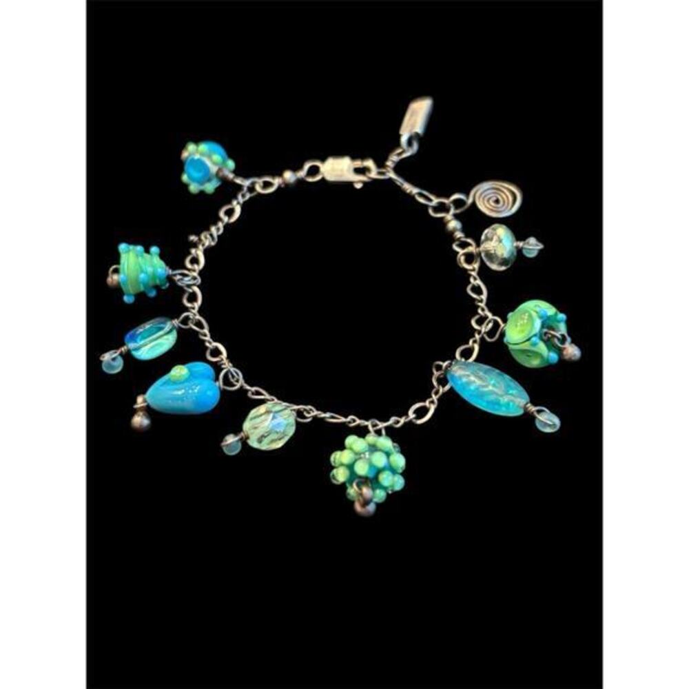 Turquoise Blue And Green Glass Bead Charm Bracelet Sterling Silver 925